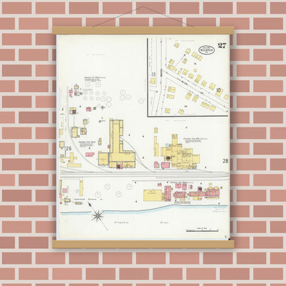 Old map wall art mockup — magnetic wood frame on brick wall — Sanborn Fire Insurance Map from Warren, Warren County, Pennsylvania (1904), Sheet #0027