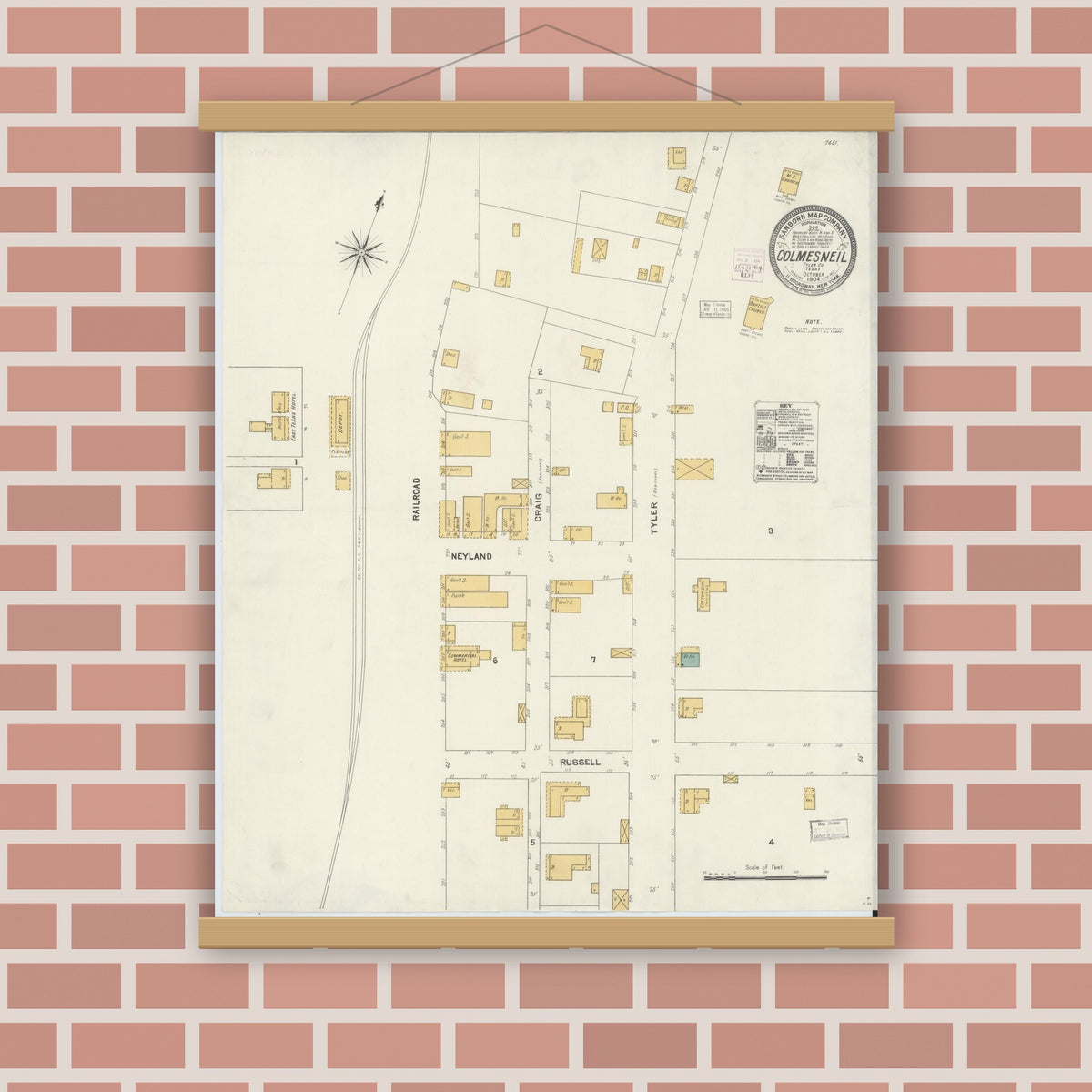 Old map wall art mockup — magnetic wood frame on brick wall — Sanborn Fire Insurance Map from Colmesneil, Tyler County, Texas (1904), Sheet #0001