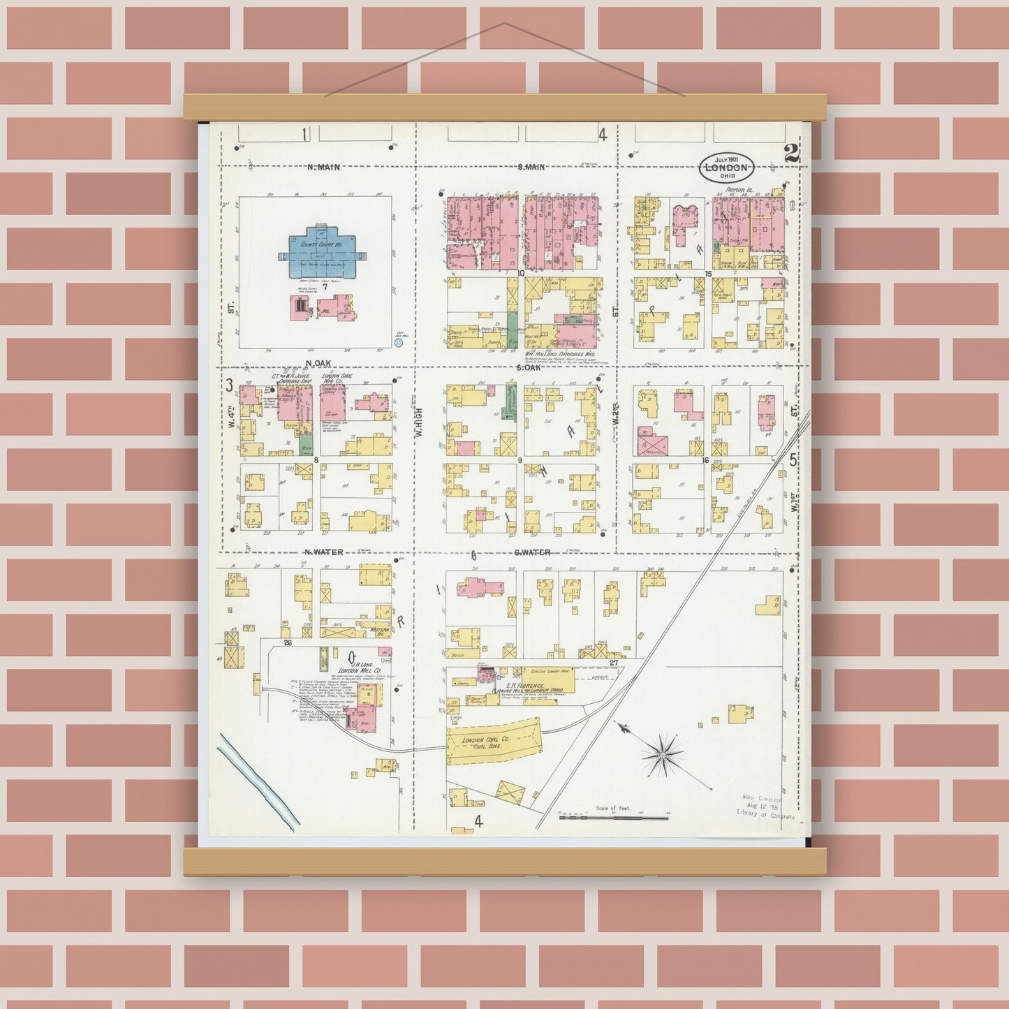 Old map wall art mockup — magnetic wood frame on brick wall — Sanborn Fire Insurance Map from London, Madison County, Ohio (1901), Sheet #0002