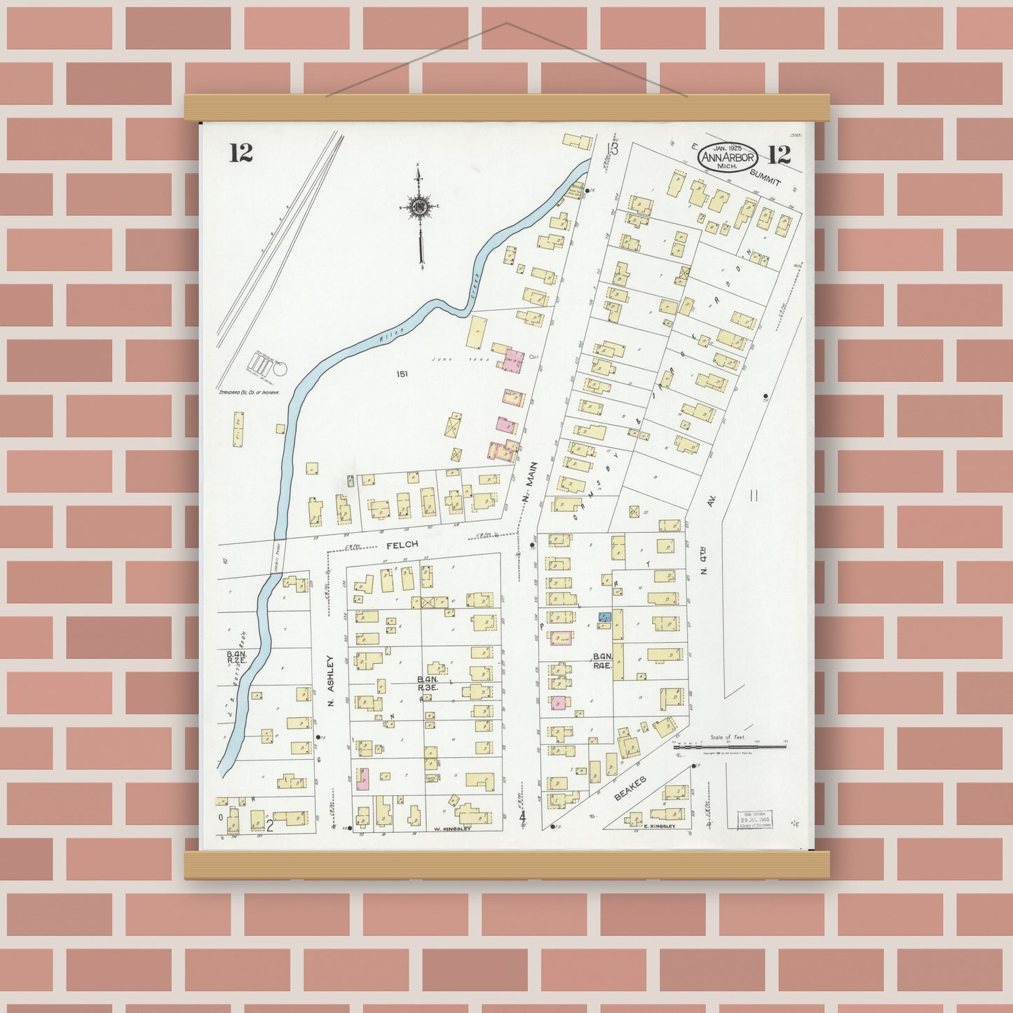 Old map wall art mockup — magnetic wood frame on brick wall — Sanborn Fire Insurance Map from Ann Arbor, Washtenaw County, Michigan (1925), Sheet #0012