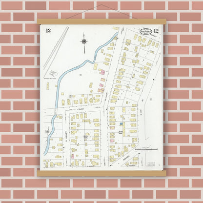Old map wall art mockup — magnetic wood frame on brick wall — Sanborn Fire Insurance Map from Ann Arbor, Washtenaw County, Michigan (1925), Sheet #0012