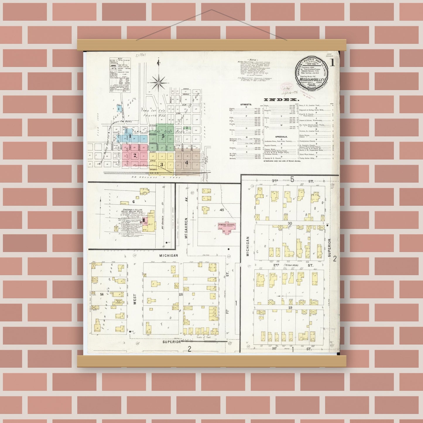 Old map wall art mockup — magnetic wood frame on brick wall — Sanborn Fire Insurance Map from Missouri Valley, Harrison County, Iowa (1896) - Complete Map Set
