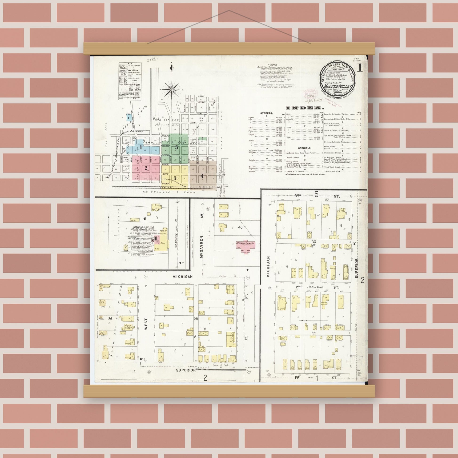 Old map wall art mockup — magnetic wood frame on brick wall — Sanborn Fire Insurance Map from Missouri Valley, Harrison County, Iowa (1896) - Complete Map Set