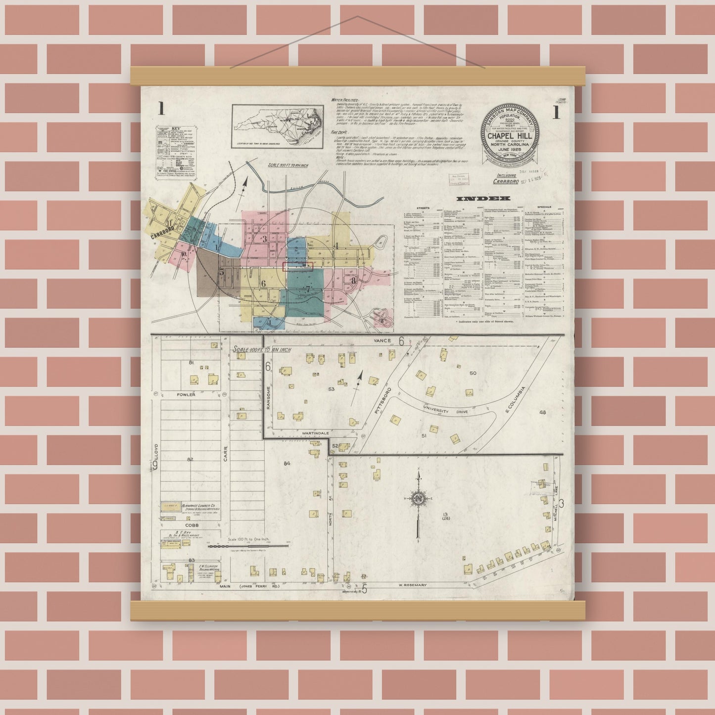 Old map wall art mockup — magnetic wood frame on brick wall — Sanborn Fire Insurance Map from Chapel Hill, Orange County, North Carolina (1925) - Complete Map Set