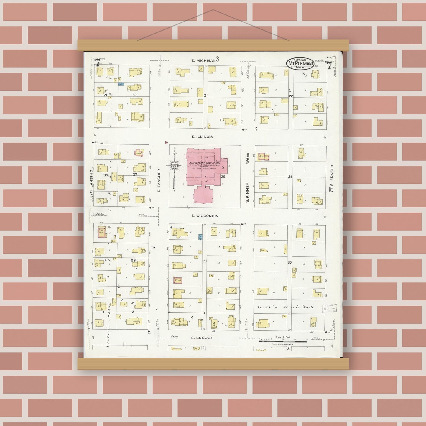 Old map wall art mockup — magnetic wood frame on brick wall — Sanborn Fire Insurance Map from Mount Pleasant, Isabella County, Michigan (1924), Sheet #0007