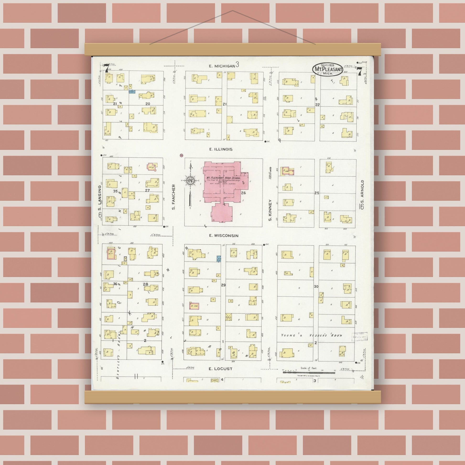 Old map wall art mockup — magnetic wood frame on brick wall — Sanborn Fire Insurance Map from Mount Pleasant, Isabella County, Michigan (1924), Sheet #0007