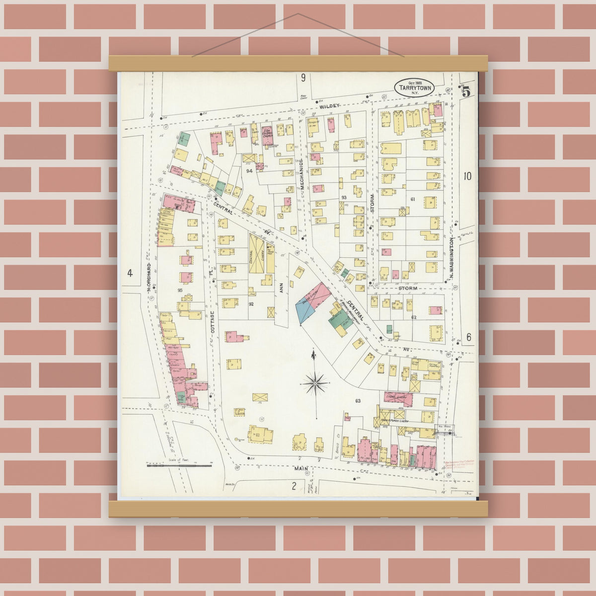 Old map wall art mockup — magnetic wood frame on brick wall — Sanborn Fire Insurance Map from Tarrytown, Westchester County, New York (1903), Sheet #0005