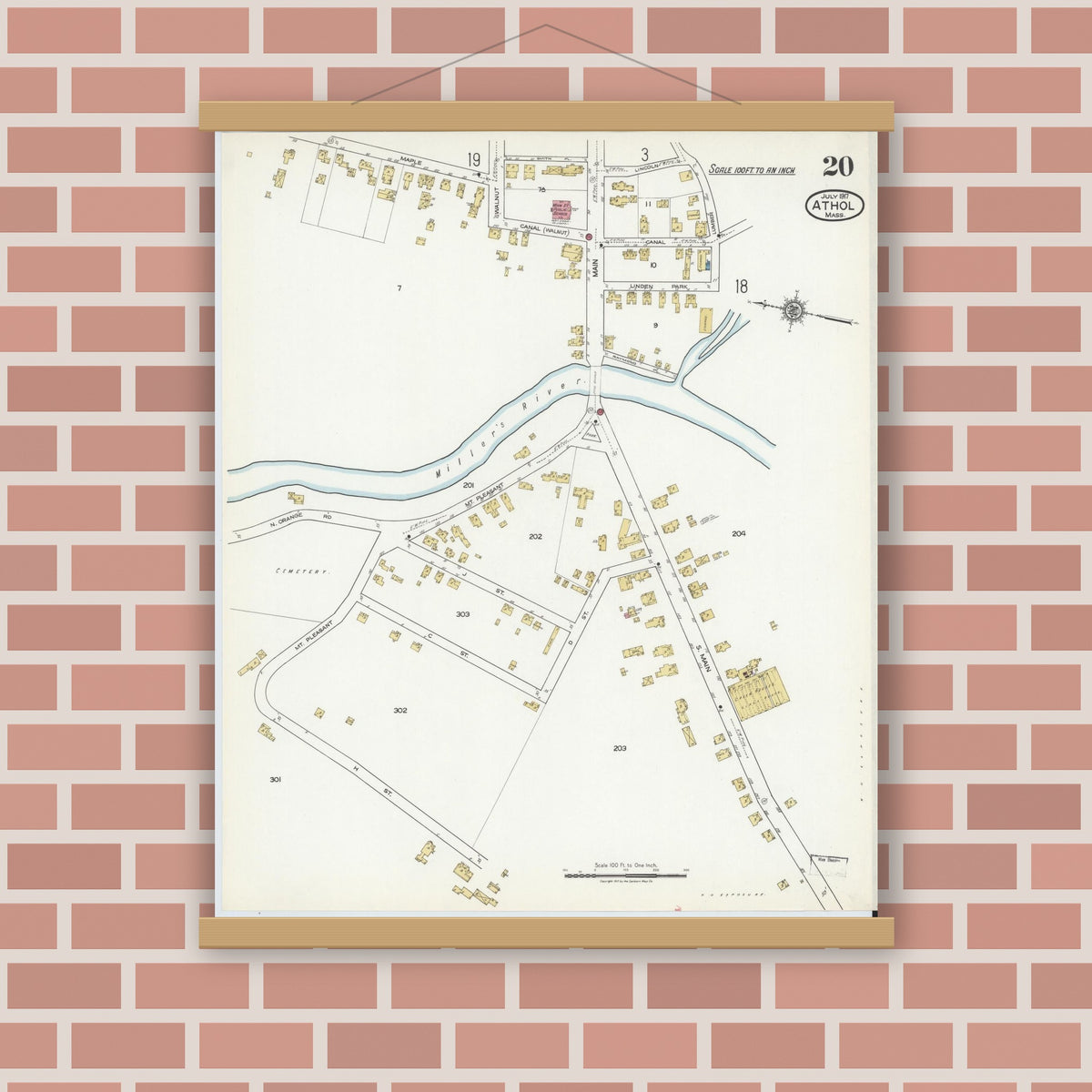 Old map wall art mockup — magnetic wood frame on brick wall — Sanborn Fire Insurance Map from Athol, Worcester County, Massachusetts (1917), Sheet #0020