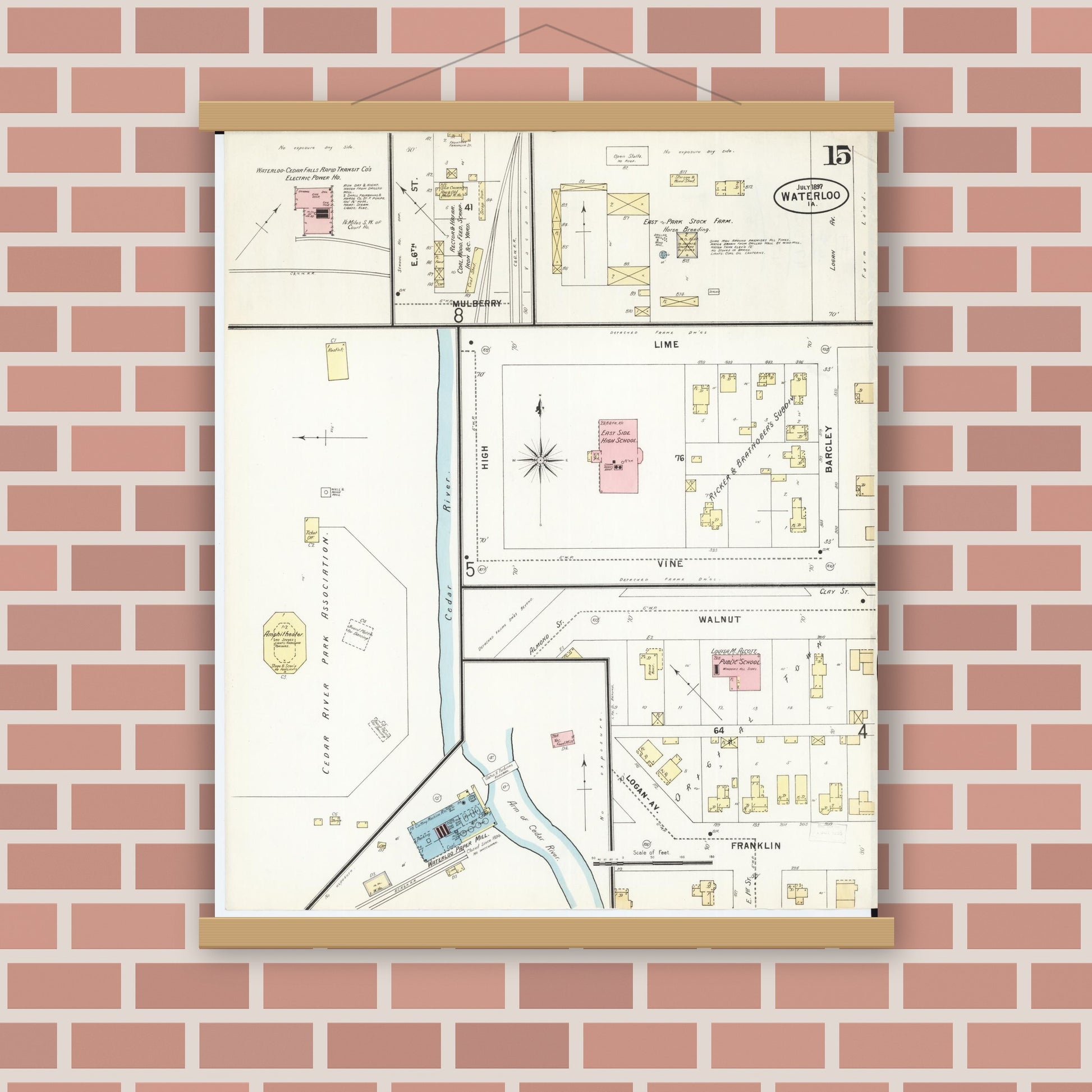 Old map wall art mockup — magnetic wood frame on brick wall — Sanborn Fire Insurance Map from Waterloo, Black Hawk County, Iowa (1897), Sheet #0015