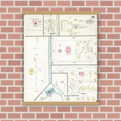 Old map wall art mockup — magnetic wood frame on brick wall — Sanborn Fire Insurance Map from Waterloo, Black Hawk County, Iowa (1897), Sheet #0015
