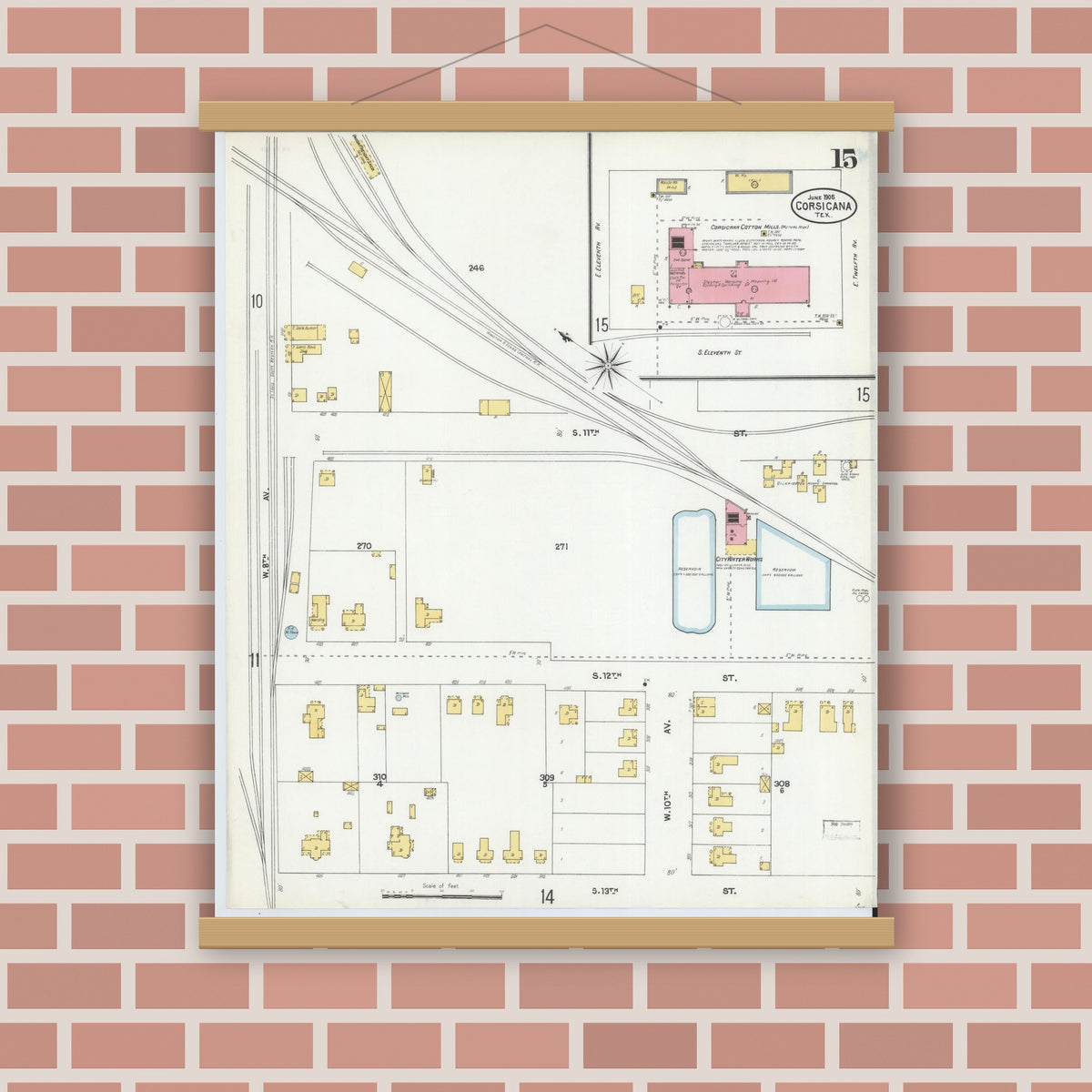 Old map wall art mockup — magnetic wood frame on brick wall — Sanborn Fire Insurance Map from Corsicana, Navarro County, Texas (1905), Sheet #0015