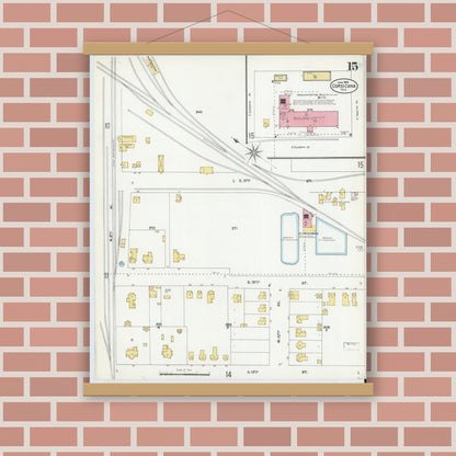 Old map wall art mockup — magnetic wood frame on brick wall — Sanborn Fire Insurance Map from Corsicana, Navarro County, Texas (1905), Sheet #0015