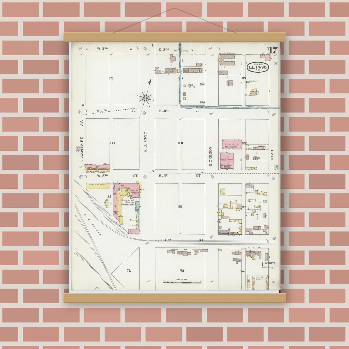 Old map wall art mockup — magnetic wood frame on brick wall — Sanborn Fire Insurance Map from El Paso, El Paso County, Texas (1893), Sheet #0017