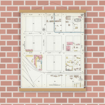 Old map wall art mockup — magnetic wood frame on brick wall — Sanborn Fire Insurance Map from El Paso, El Paso County, Texas (1893), Sheet #0017