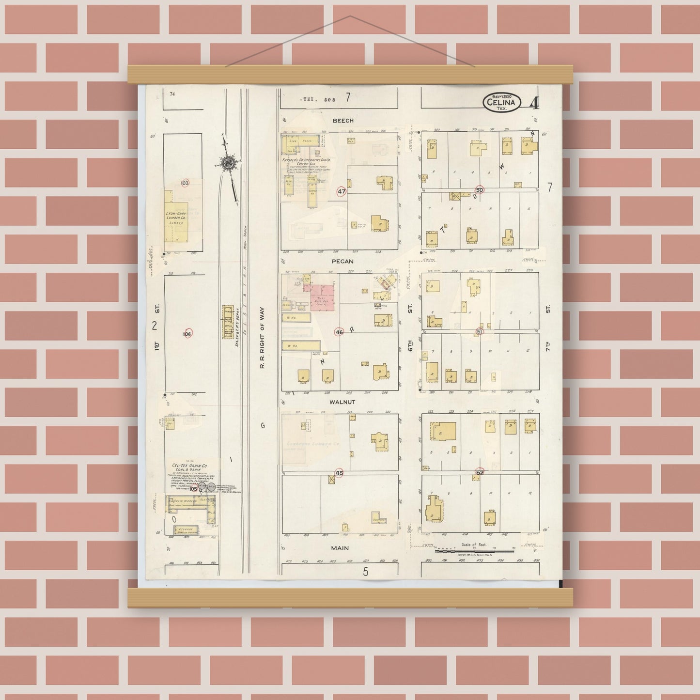 Old map wall art mockup — magnetic wood frame on brick wall — Sanborn Fire Insurance Map from Celina, Collin County, Texas (1944), Sheet #0004