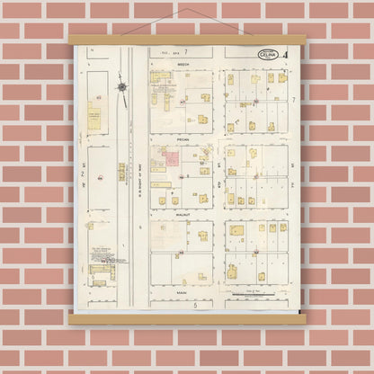 Old map wall art mockup — magnetic wood frame on brick wall — Sanborn Fire Insurance Map from Celina, Collin County, Texas (1944), Sheet #0004