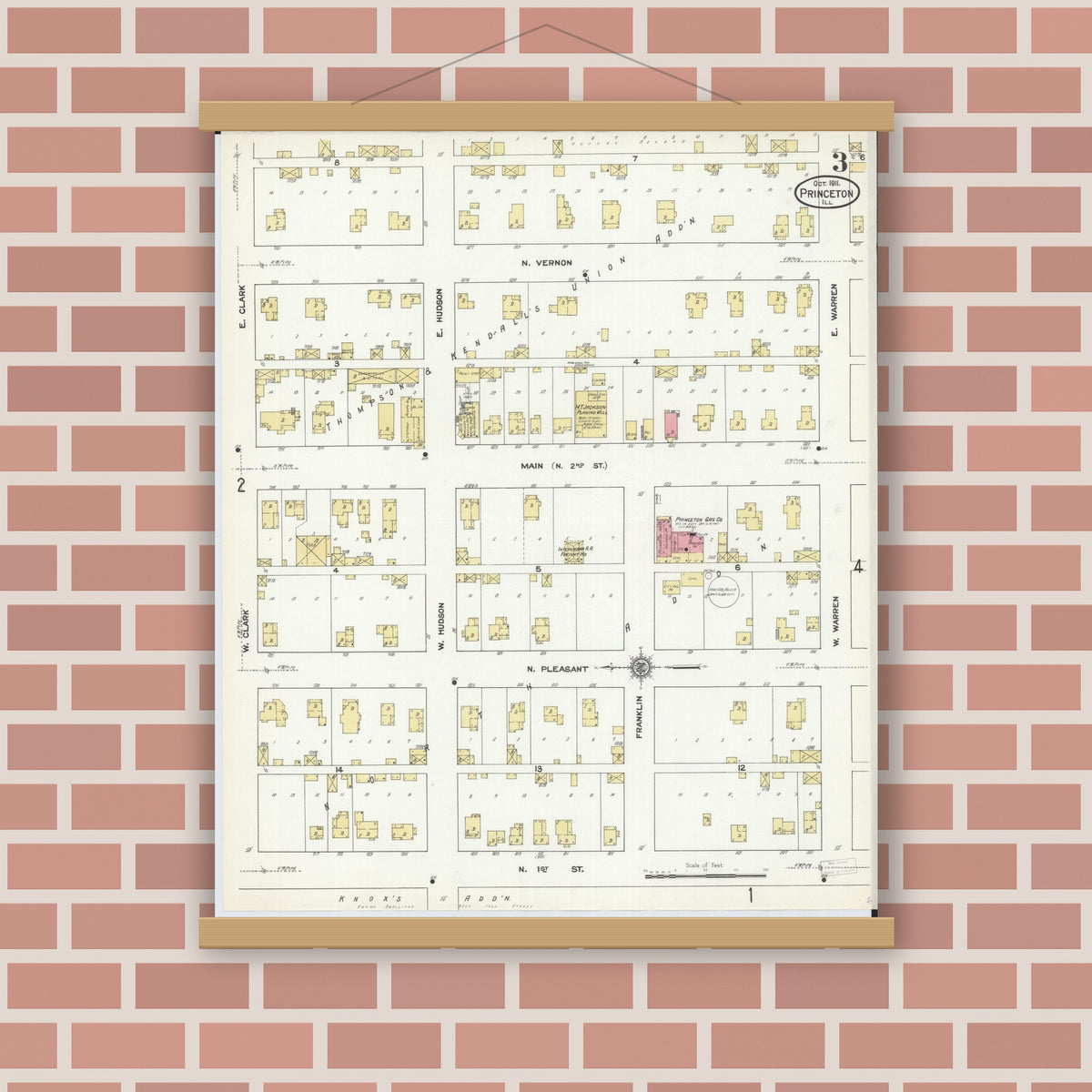 Old map wall art mockup — magnetic wood frame on brick wall — Sanborn Fire Insurance Map from Princeton, Bureau County, Illinois (1911), Sheet #0003