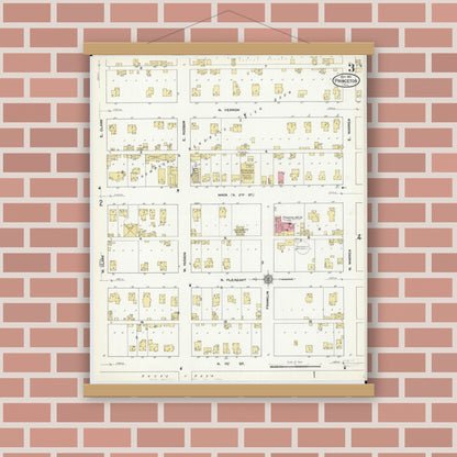Old map wall art mockup — magnetic wood frame on brick wall — Sanborn Fire Insurance Map from Princeton, Bureau County, Illinois (1911), Sheet #0003