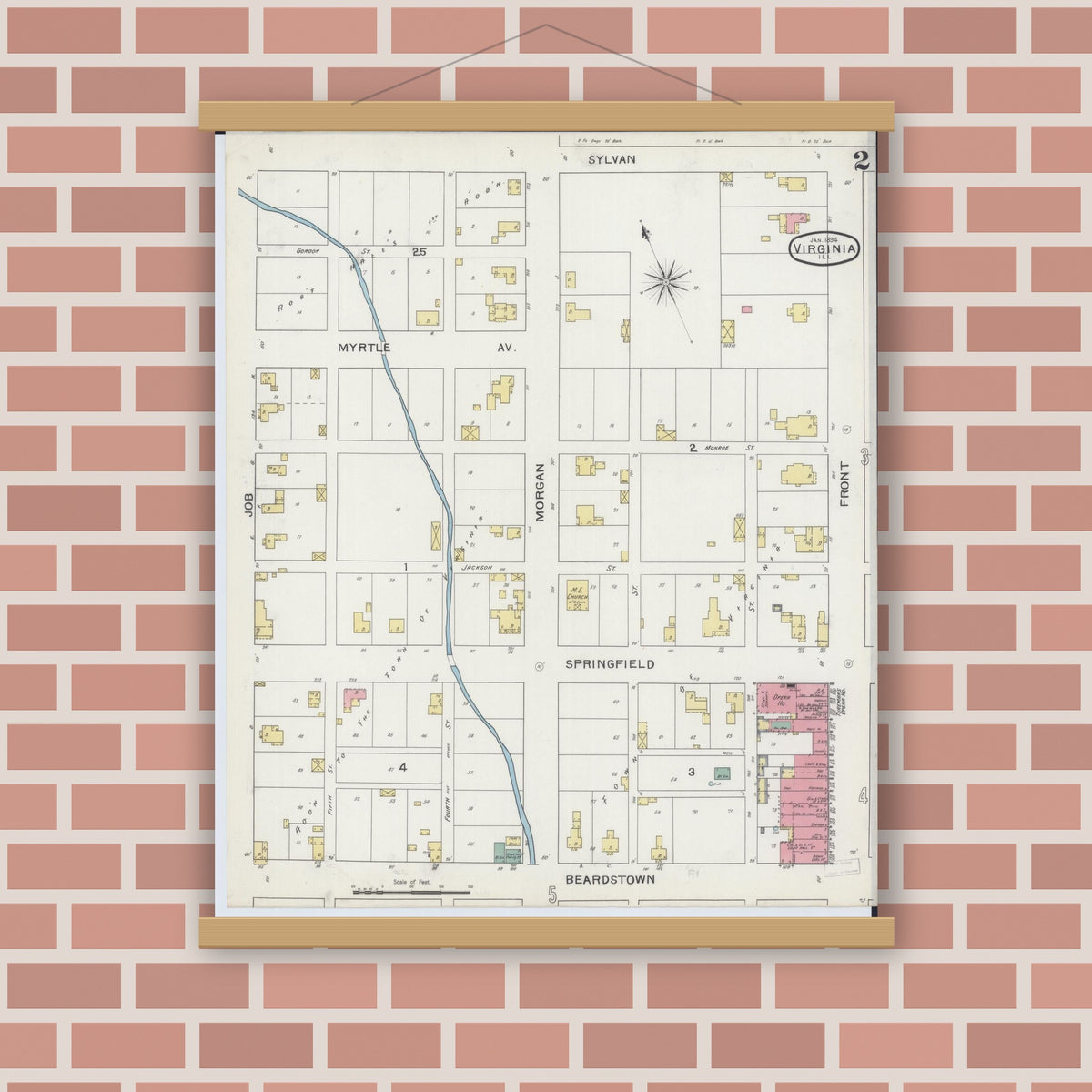 Old map wall art mockup — magnetic wood frame on brick wall — Sanborn Fire Insurance Map from Virginia, Cass County, Illinois (1894), Sheet #0002