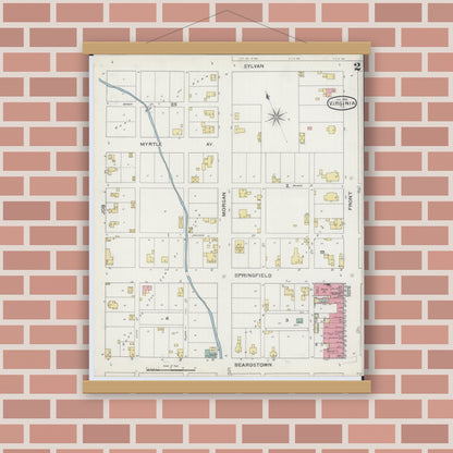 Old map wall art mockup — magnetic wood frame on brick wall — Sanborn Fire Insurance Map from Virginia, Cass County, Illinois (1894), Sheet #0002