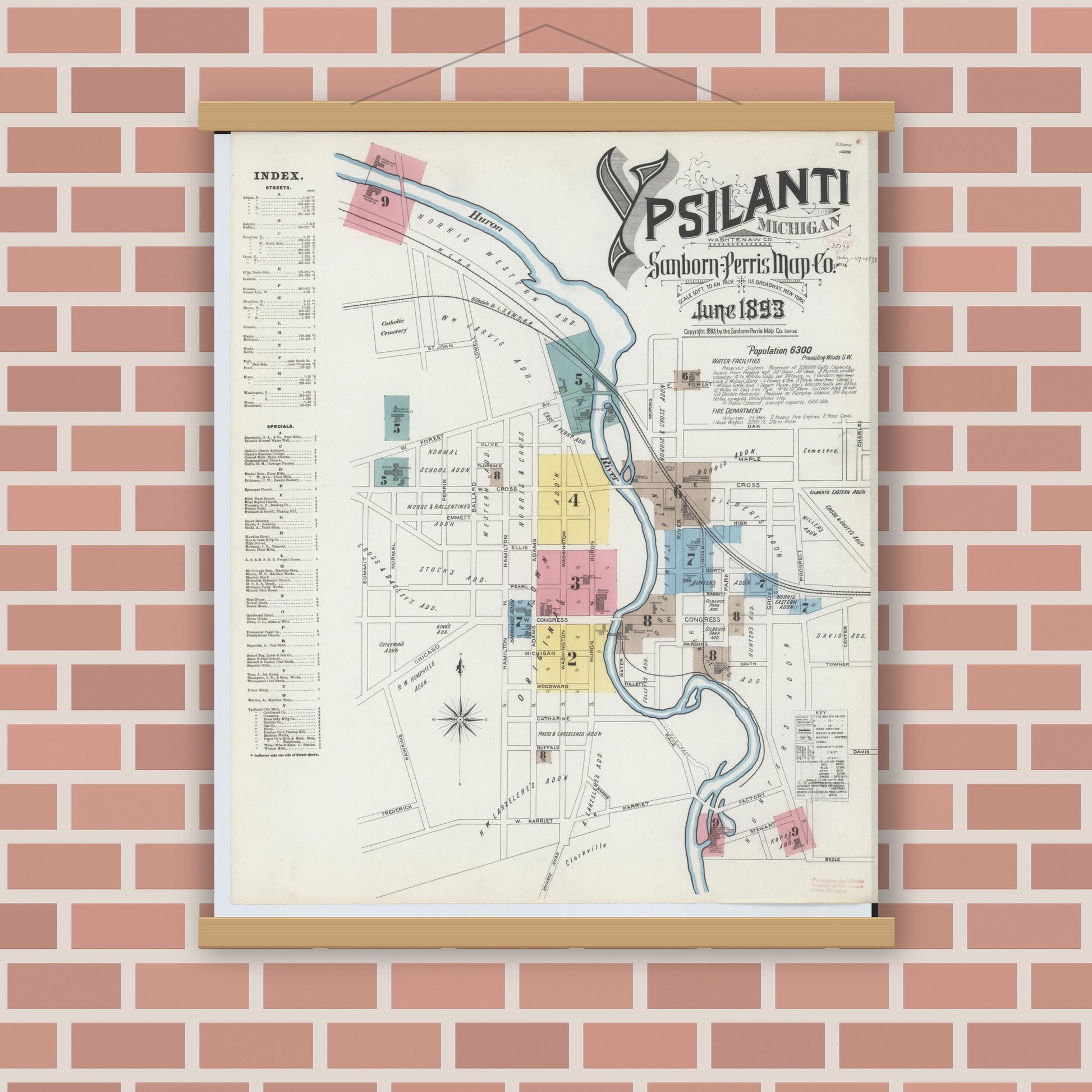 Old map wall art mockup — magnetic wood frame on brick wall — Sanborn Fire Insurance Map from Ypsilanti, Washtenaw County, Michigan (1893), Sheet #0001