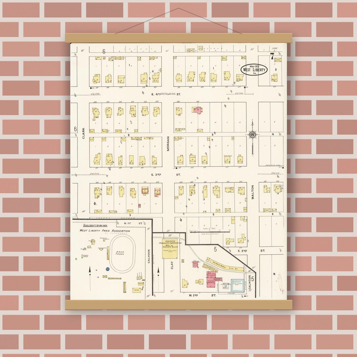 Old map wall art mockup — magnetic wood frame on brick wall — Sanborn Fire Insurance Map from West Liberty, Muscatine County, Iowa (1922), Sheet #0007