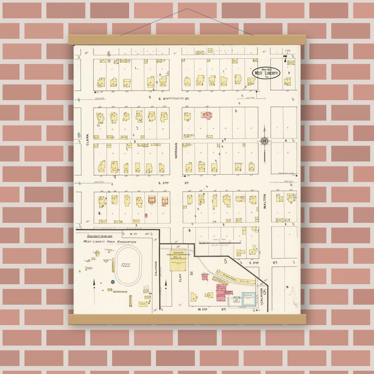 Old map wall art mockup — magnetic wood frame on brick wall — Sanborn Fire Insurance Map from West Liberty, Muscatine County, Iowa (1922), Sheet #0007
