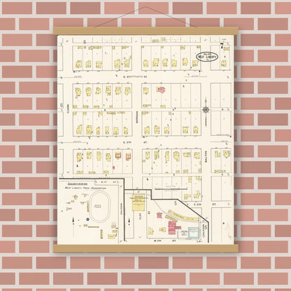 Old map wall art mockup — magnetic wood frame on brick wall — Sanborn Fire Insurance Map from West Liberty, Muscatine County, Iowa (1922), Sheet #0007