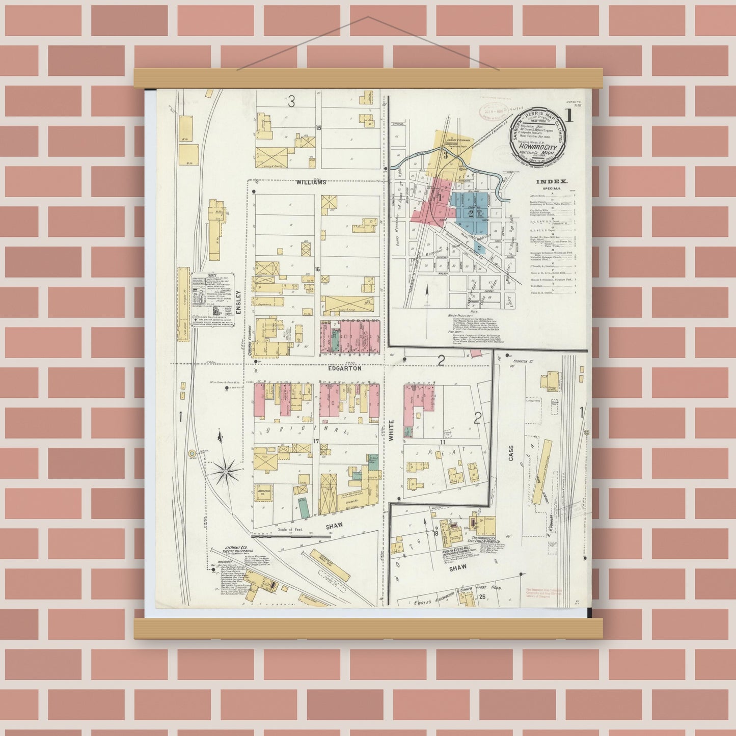 Old map wall art mockup — magnetic wood frame on brick wall — Sanborn Fire Insurance Map from Howard City, Montcalm County, Michigan (1899) - Complete Map Set