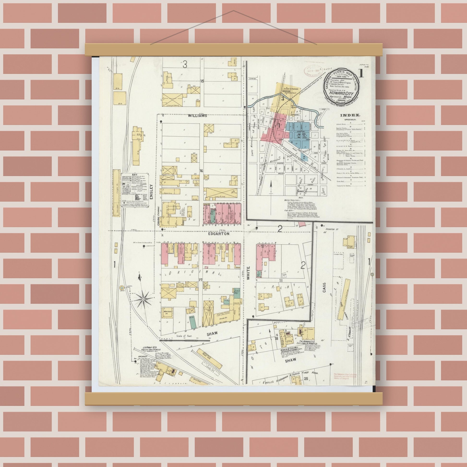 Old map wall art mockup — magnetic wood frame on brick wall — Sanborn Fire Insurance Map from Howard City, Montcalm County, Michigan (1899) - Complete Map Set