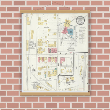 Old map wall art mockup — magnetic wood frame on brick wall — Sanborn Fire Insurance Map from Howard City, Montcalm County, Michigan (1899) - Complete Map Set