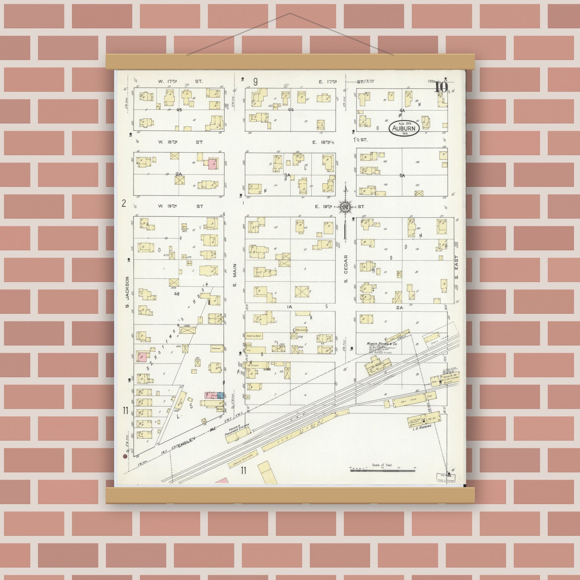 Old map wall art mockup — magnetic wood frame on brick wall — Sanborn Fire Insurance Map from Auburn, De Kalb County, Indiana (1914), Sheet #0010