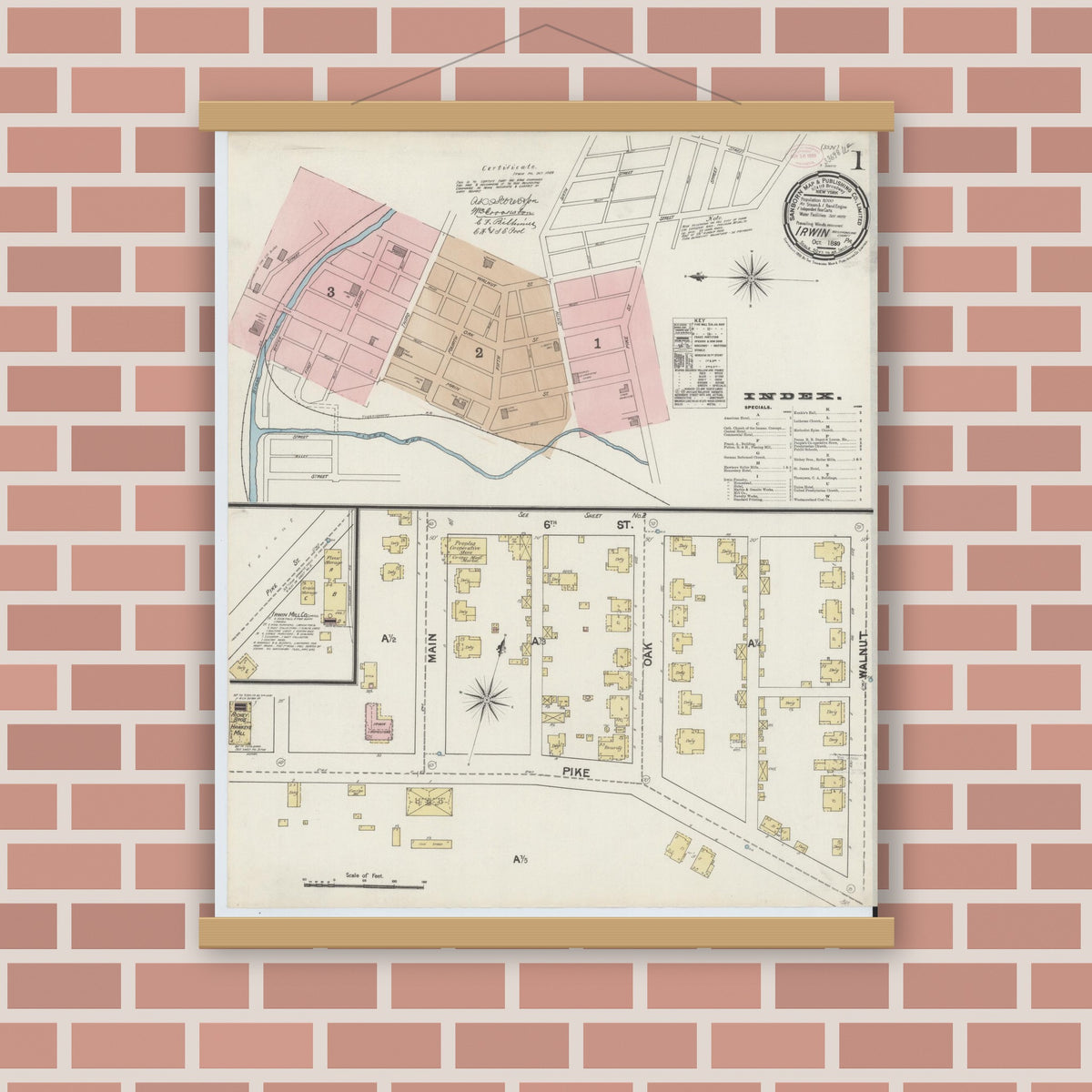 Old map wall art mockup — magnetic wood frame on brick wall — Sanborn Fire Insurance Map from Irwin, Westmoreland County, Pennsylvania (1889), Sheet #0001