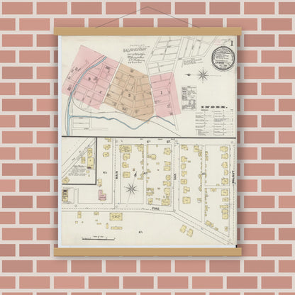 Old map wall art mockup — magnetic wood frame on brick wall — Sanborn Fire Insurance Map from Irwin, Westmoreland County, Pennsylvania (1889), Sheet #0001