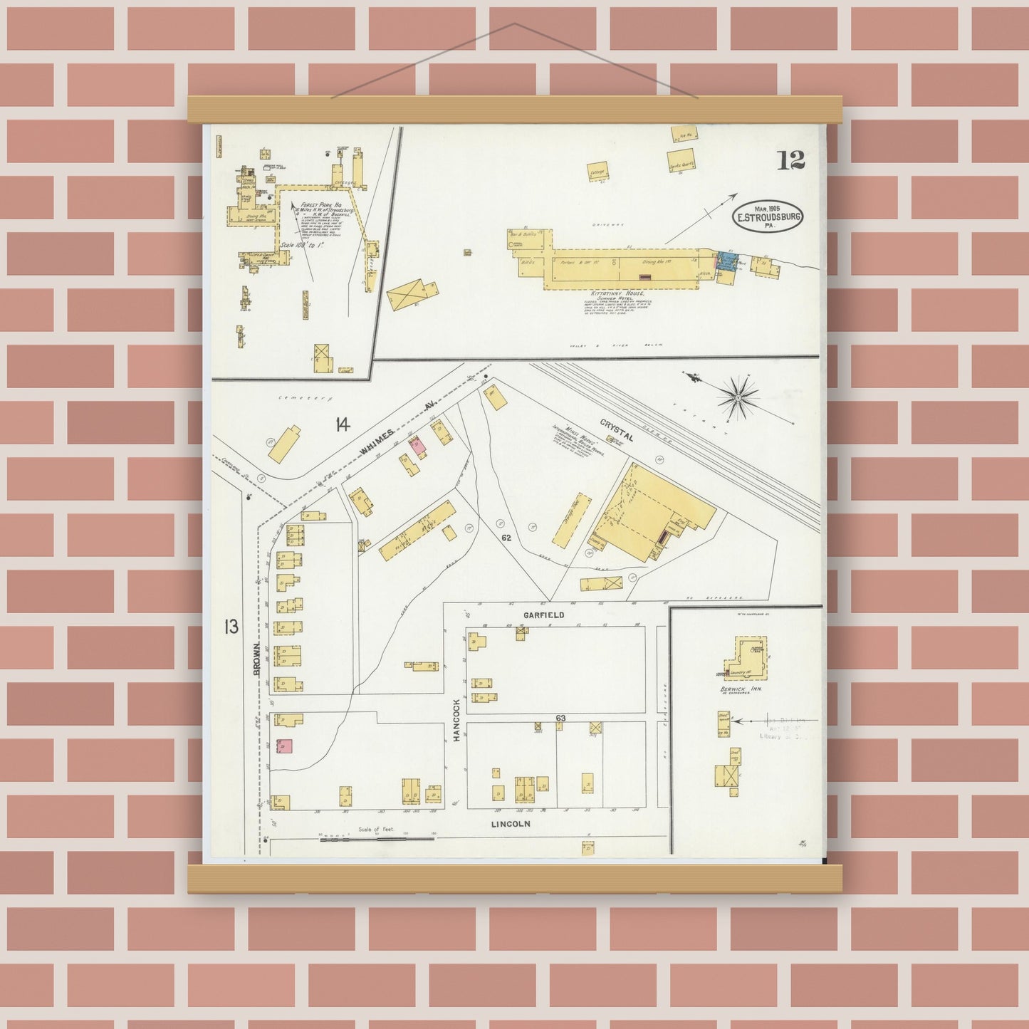Old map wall art mockup — magnetic wood frame on brick wall — Sanborn Fire Insurance Map from Stroudsburg, Monroe County, Pennsylvania (1905), Sheet #0012