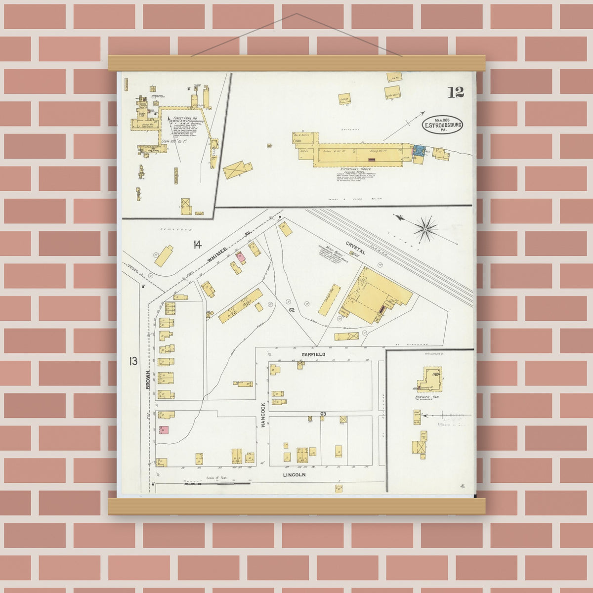 Old map wall art mockup — magnetic wood frame on brick wall — Sanborn Fire Insurance Map from Stroudsburg, Monroe County, Pennsylvania (1905), Sheet #0012