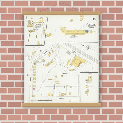 Old map wall art mockup — magnetic wood frame on brick wall — Sanborn Fire Insurance Map from Stroudsburg, Monroe County, Pennsylvania (1905), Sheet #0012