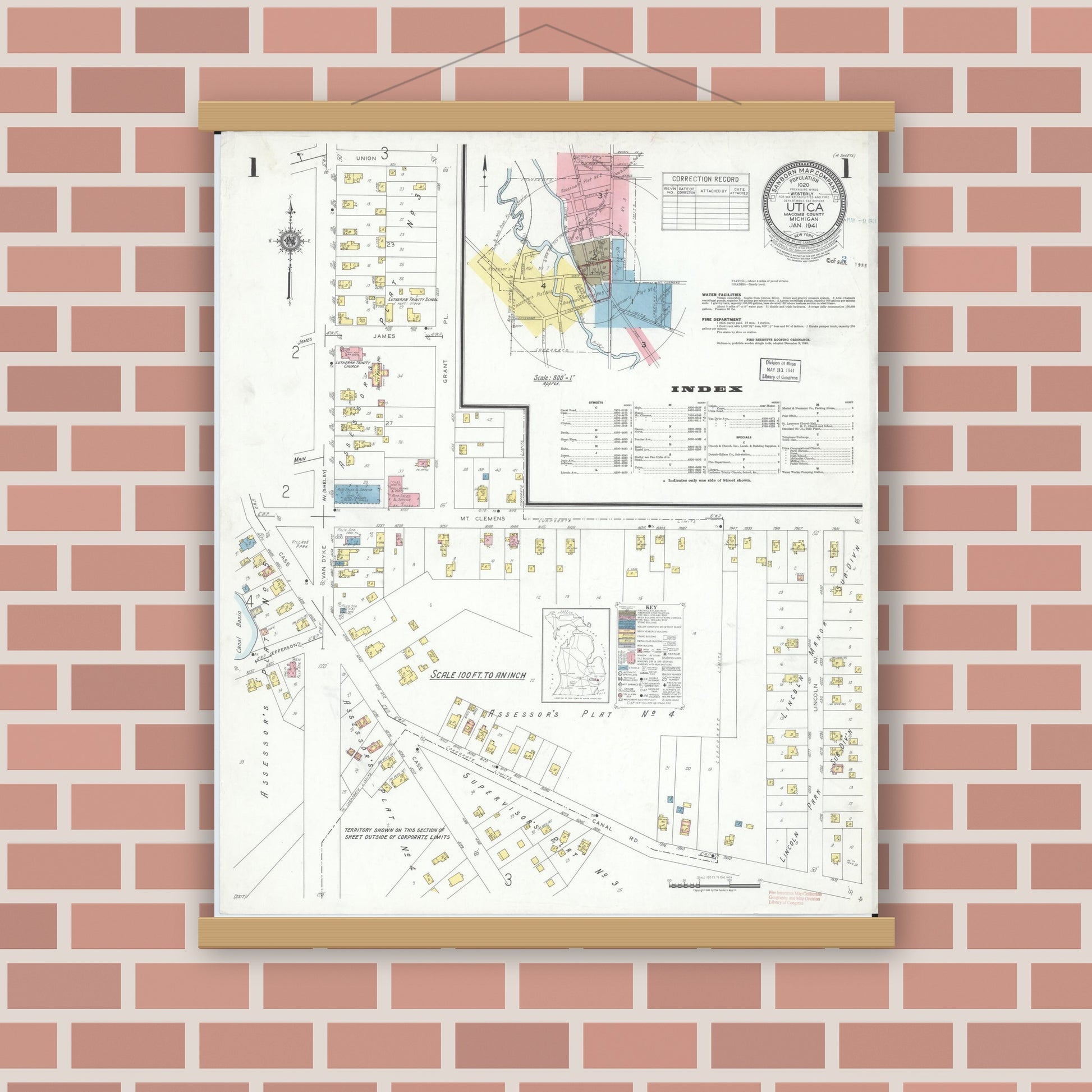 Old map wall art mockup — magnetic wood frame on brick wall — Sanborn Fire Insurance Map from Utica, Macomb County, Michigan (1941), Sheet #0001