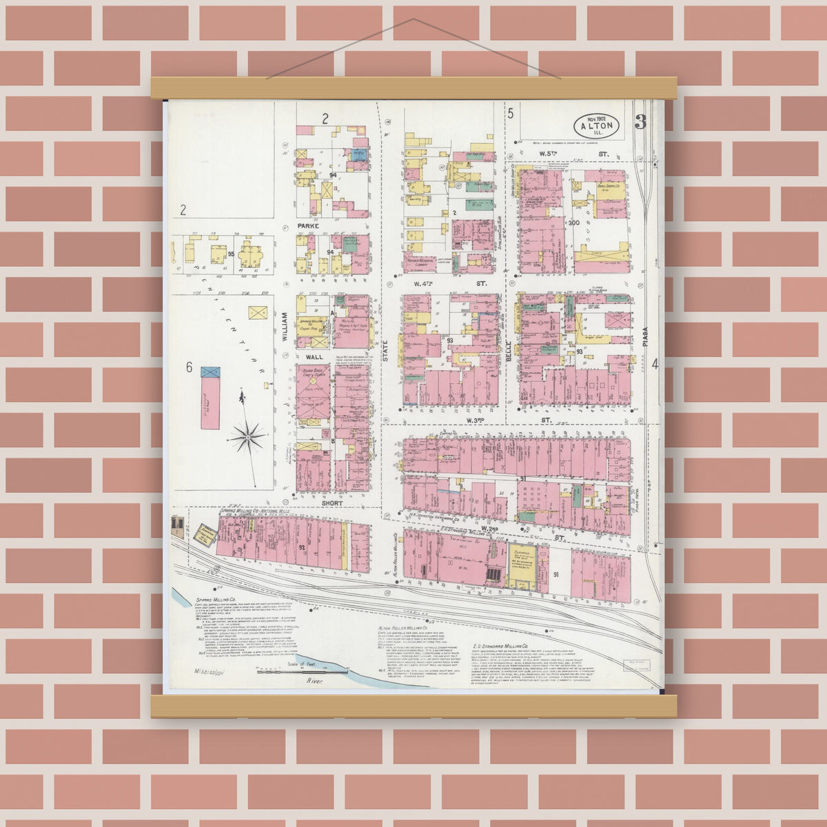 Old map wall art mockup — magnetic wood frame on brick wall — Sanborn Fire Insurance Map from Alton, Madison County, Illinois (1902), Sheet #0003