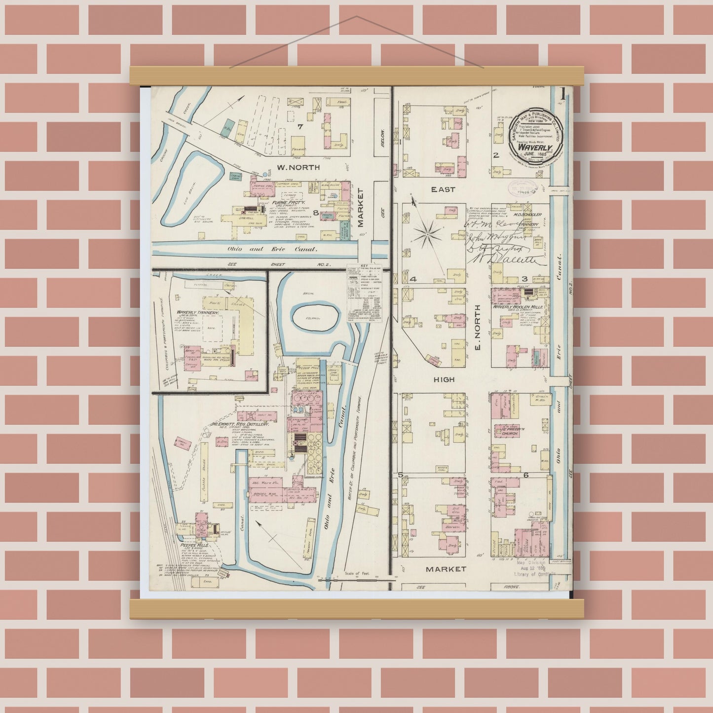 Old map wall art mockup — magnetic wood frame on brick wall — Sanborn Fire Insurance Map from Waverly, Pike County, Ohio (1885), Sheet #0001