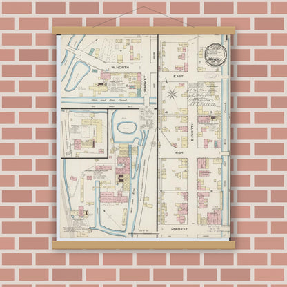 Old map wall art mockup — magnetic wood frame on brick wall — Sanborn Fire Insurance Map from Waverly, Pike County, Ohio (1885), Sheet #0001