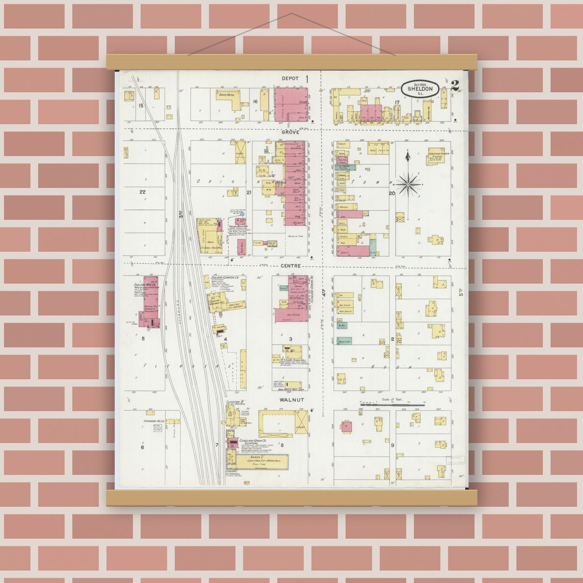 Old map wall art mockup — magnetic wood frame on brick wall — Sanborn Fire Insurance Map from Sheldon, Iroquois County, Illinois (1900), Sheet #0002