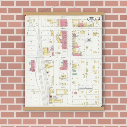 Old map wall art mockup — magnetic wood frame on brick wall — Sanborn Fire Insurance Map from Sheldon, Iroquois County, Illinois (1900), Sheet #0002