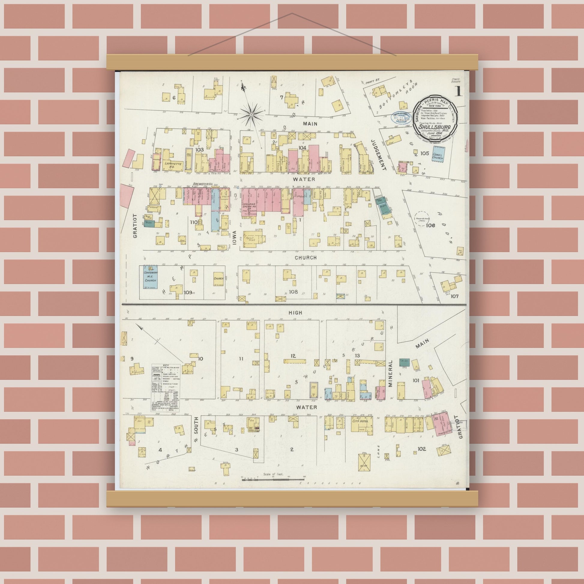 Old map wall art mockup — magnetic wood frame on brick wall — Sanborn Fire Insurance Map from Shullsburg, Lafayette County, Wisconsin (1894) - Complete Map Set