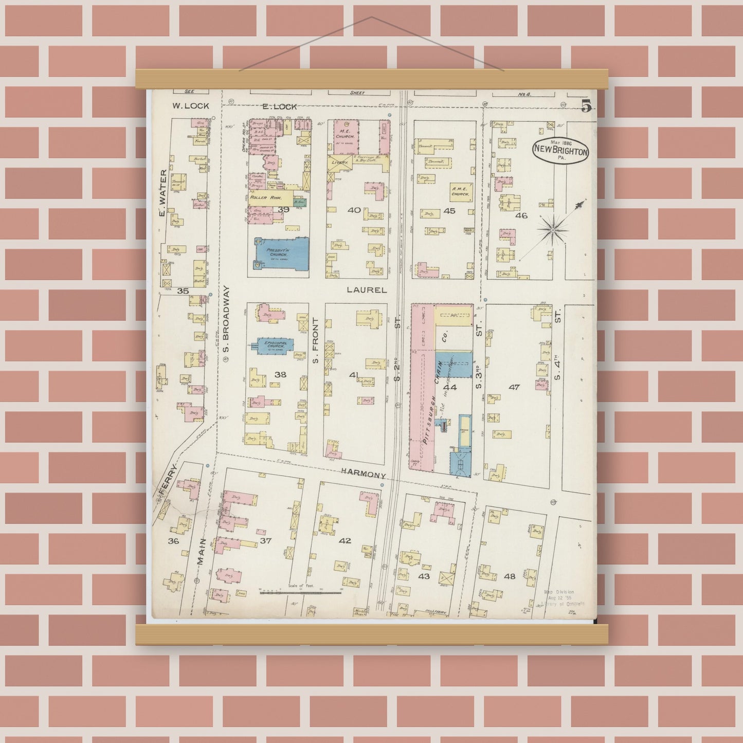 Old map wall art mockup — magnetic wood frame on brick wall — Sanborn Fire Insurance Map from New Brighton, Beaver County, Pennsylvania (1886), Sheet #0005