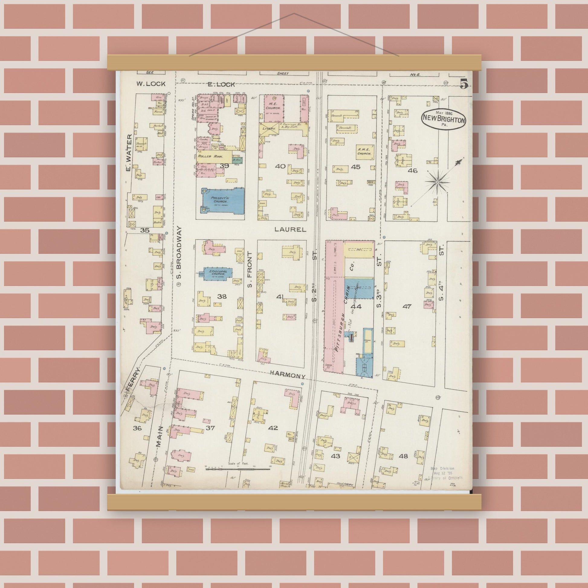 Old map wall art mockup — magnetic wood frame on brick wall — Sanborn Fire Insurance Map from New Brighton, Beaver County, Pennsylvania (1886), Sheet #0005