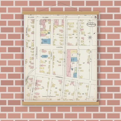 Old map wall art mockup — magnetic wood frame on brick wall — Sanborn Fire Insurance Map from New Brighton, Beaver County, Pennsylvania (1886), Sheet #0005