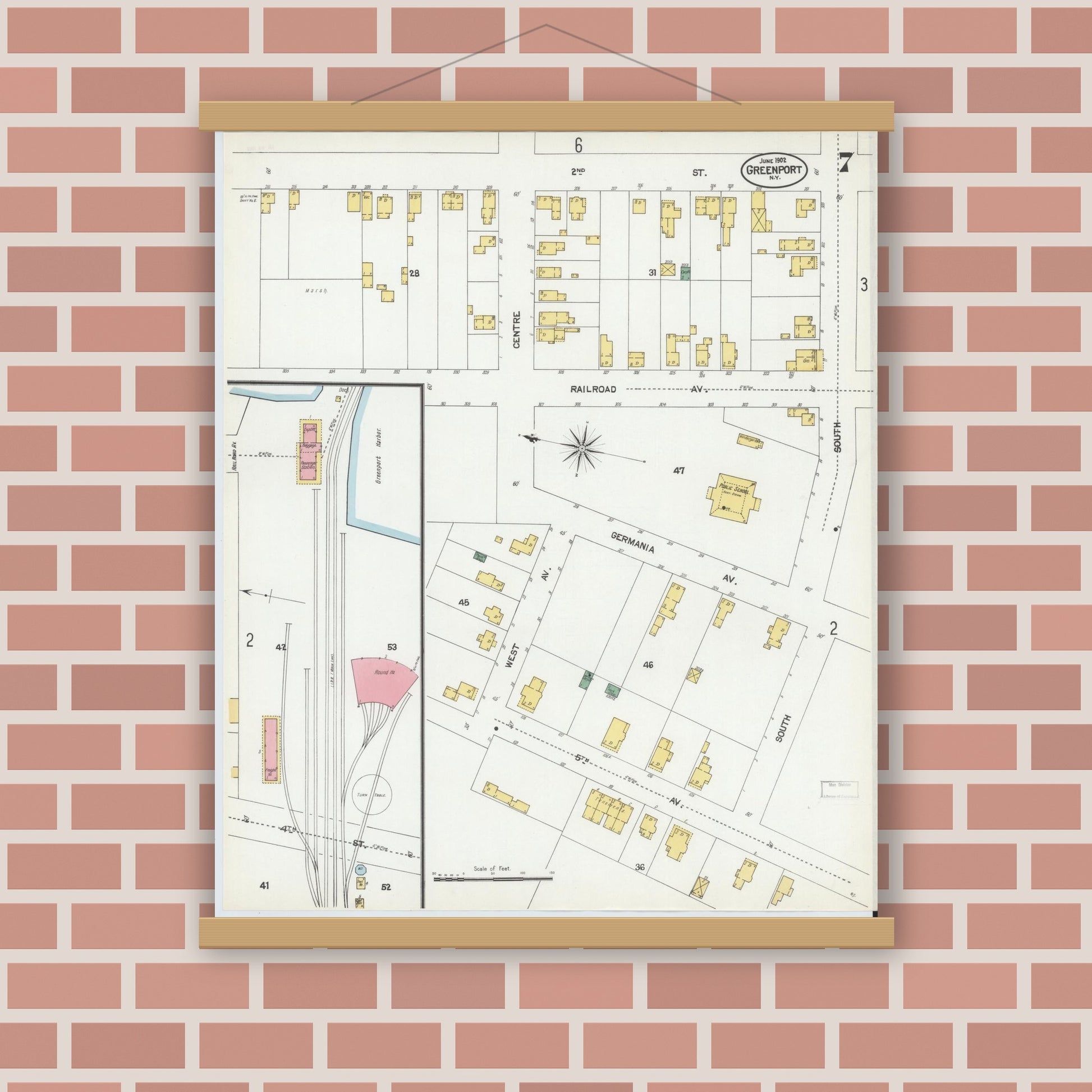 Old map wall art mockup — magnetic wood frame on brick wall — Sanborn Fire Insurance Map from Greenport, Suffolk County, New York (1902), Sheet #0007