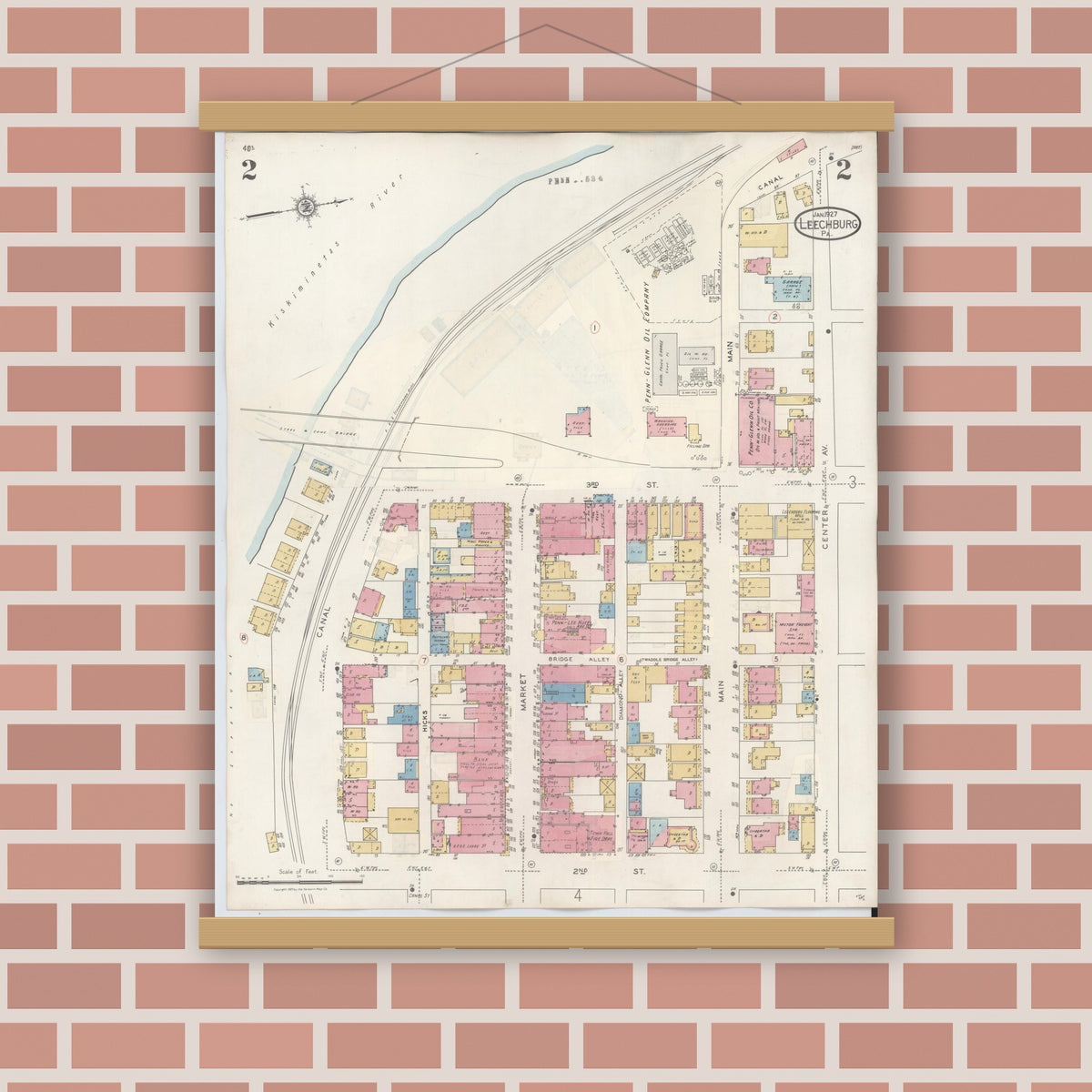 Old map wall art mockup — magnetic wood frame on brick wall — Sanborn Fire Insurance Map from Leechburg, Armstrong County, Pennsylvania (1943), Sheet #0002