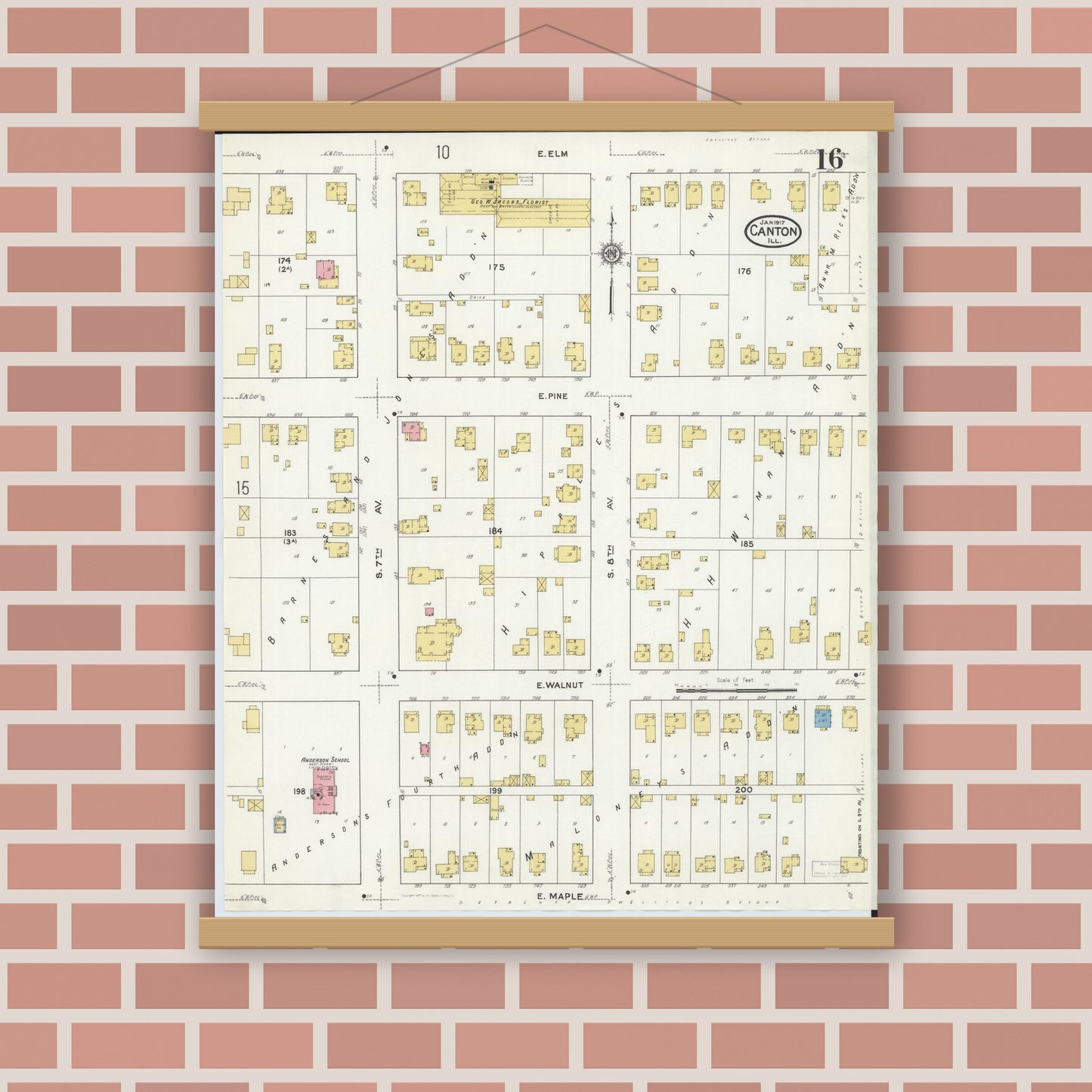 Old map wall art mockup — magnetic wood frame on brick wall — Sanborn Fire Insurance Map from Canton, Fulton County, Illinois (1917), Sheet #0016
